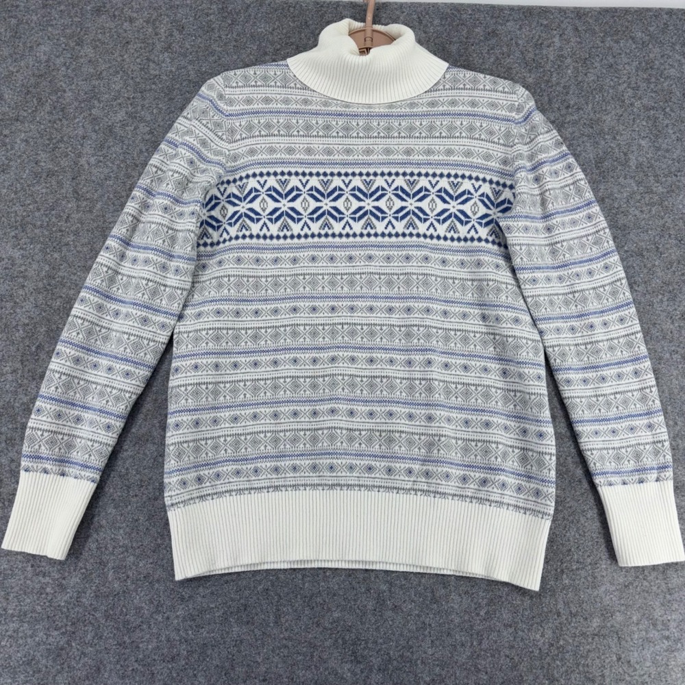 LL Bean Womens Medium Cotton Cashmere Fair Isle Turtleneck Sweater Blue White